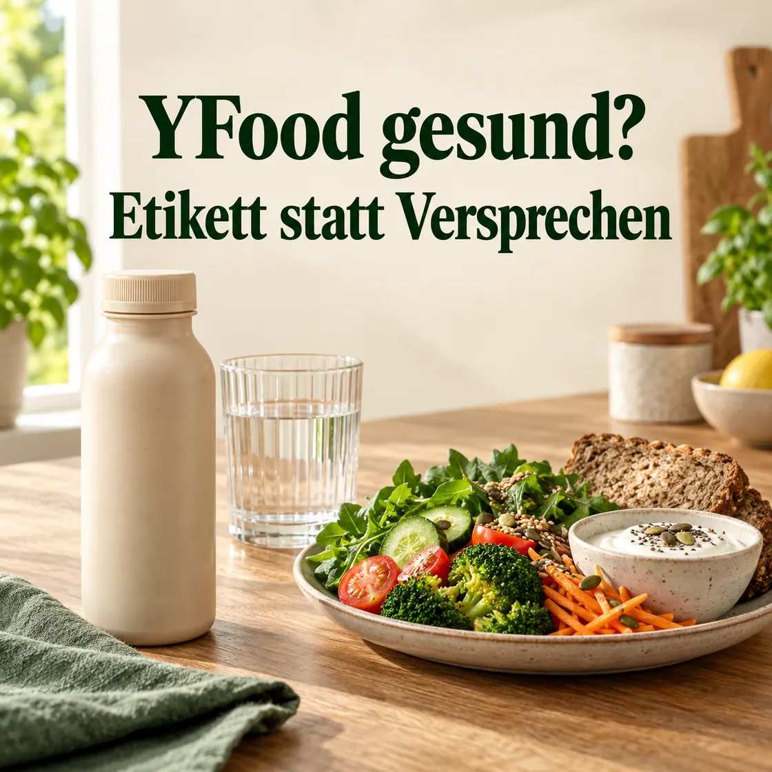 YFood gesund – unmarkierte Trinkmahlzeit neben Wasser, Gemüse, Vollkornbrot und Joghurt.