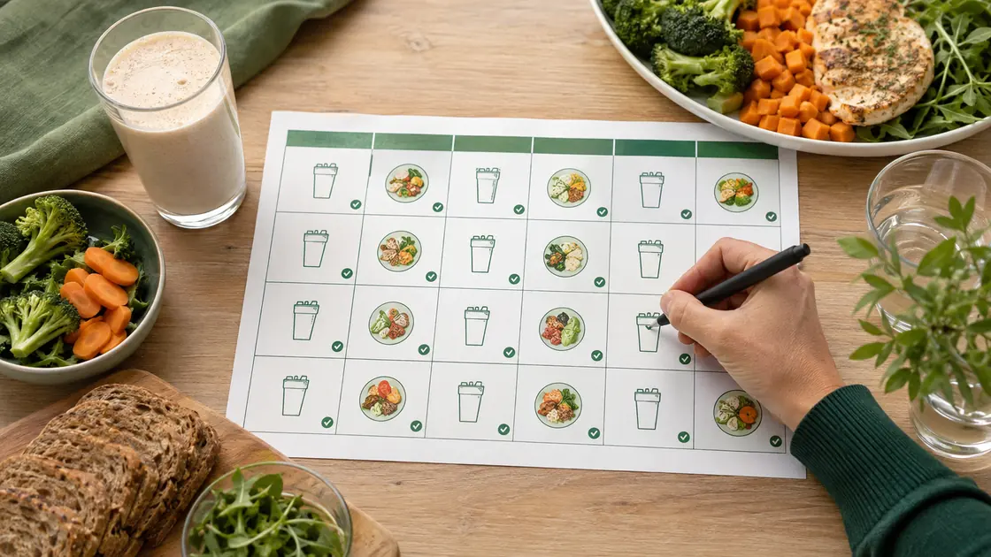Yokebe Diät – ein Wochenplan verbindet Shake-Portionen mit gewöhnlichen ausgewogenen Mahlzeiten.