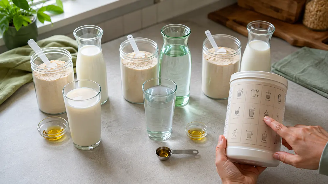 Yokebe Diät – Milch, Wasser, Pflanzenöl und Pulver zeigen unterschiedliche Zubereitungen.