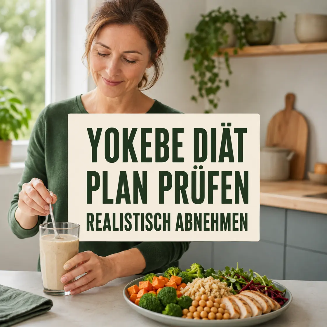 Yokebe Diät – eine Frau prüft einen Mahlzeitenersatz neben einer ausgewogenen Mahlzeit.