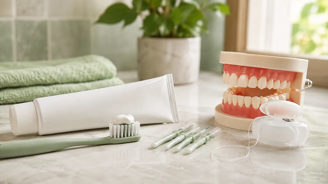 Zahn Plus – Zahnbürste, fluoridhaltige Zahnpasta, Zahnseide und Interdentalbürsten.
