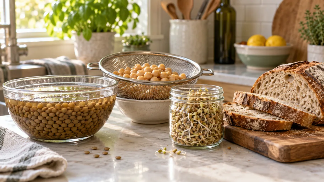 zink nahrungsmittel – eingeweichte Linsen, abgespülte Kichererbsen, Keimlinge und Sauerteigbrot
