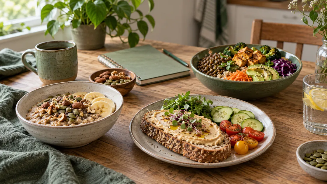 zink nahrungsmittel – Tagesmuster mit Haferflocken, Hummusbrot und Linsen-Tofu-Bowl