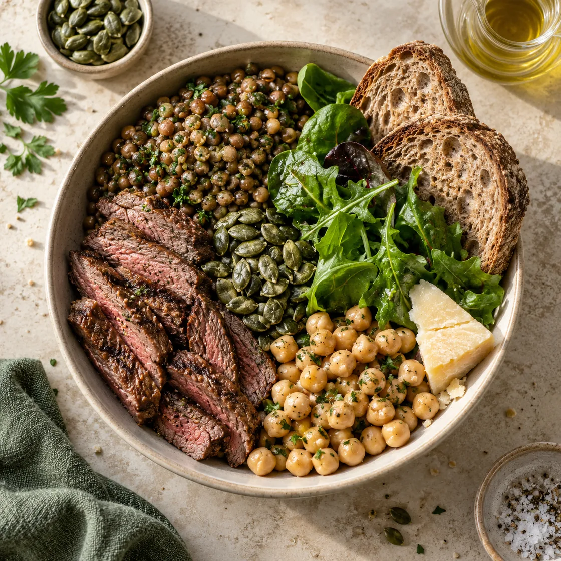 zink nahrungsmittel – Schüssel mit Linsen, Rindfleisch, Kichererbsen, Kürbiskernen, Brot und Käse