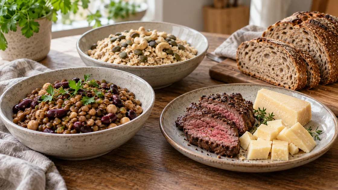 zink nahrungsmittel – Linsen, Hafer, Nüsse, Sauerteigbrot, Rindfleisch und Käse als Quellen