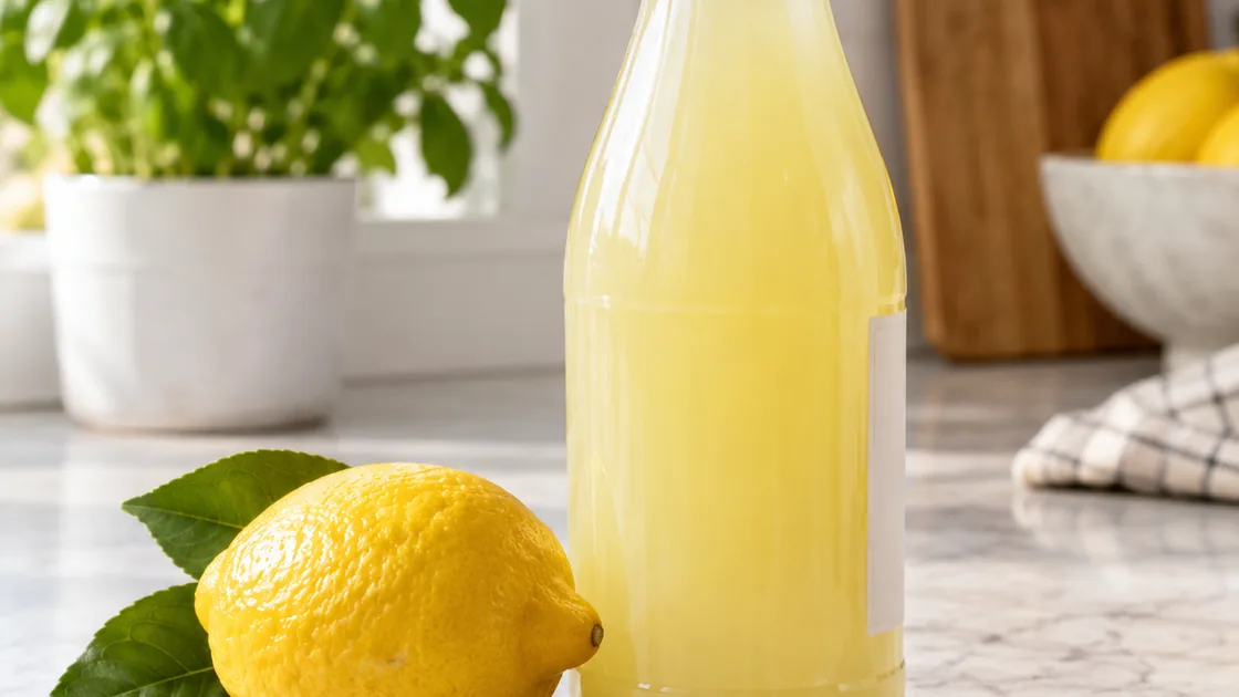Zitronensaft gesund: Glasflasche mit Saft neben einer frischen Zitrone