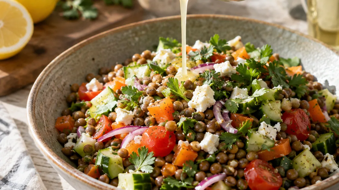 Zitronensaft gesund: Dressing wird über einen Linsen-Gemüse-Salat gegossen