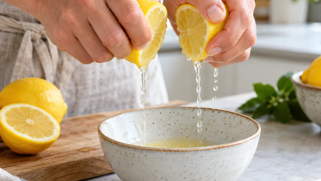 Zitronensaft gesund: Hände pressen Zitronenhälften in eine Keramikschale