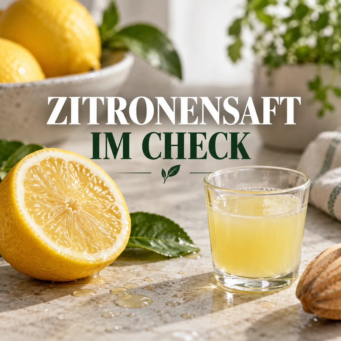 Zitronensaft gesund: aufgeschnittene Zitrone, Saftglas und Titel Zitronensaft im Check