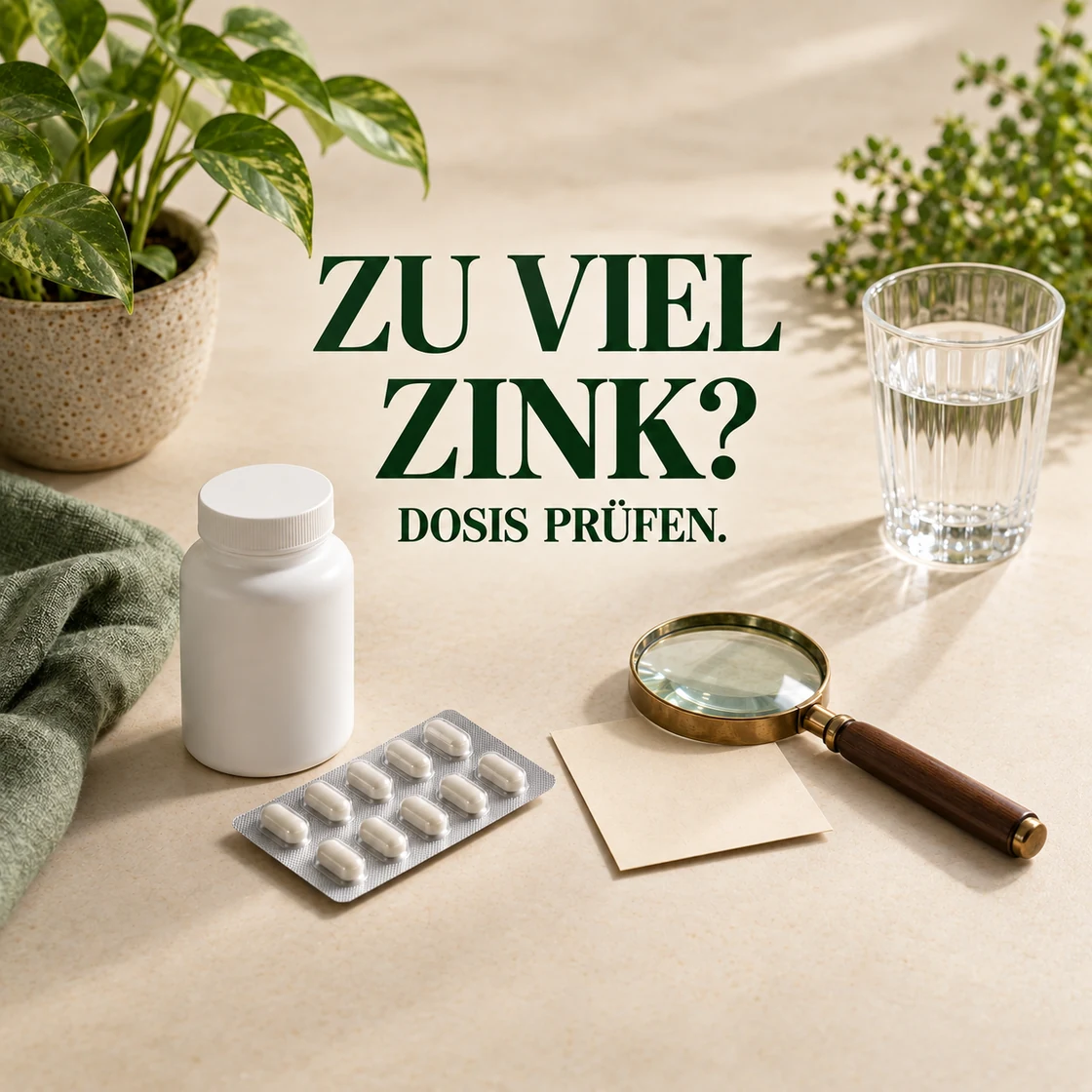 zu viel zink: anonyme Präparate und Lupe mit dem Schriftzug DOSIS PRÜFEN.