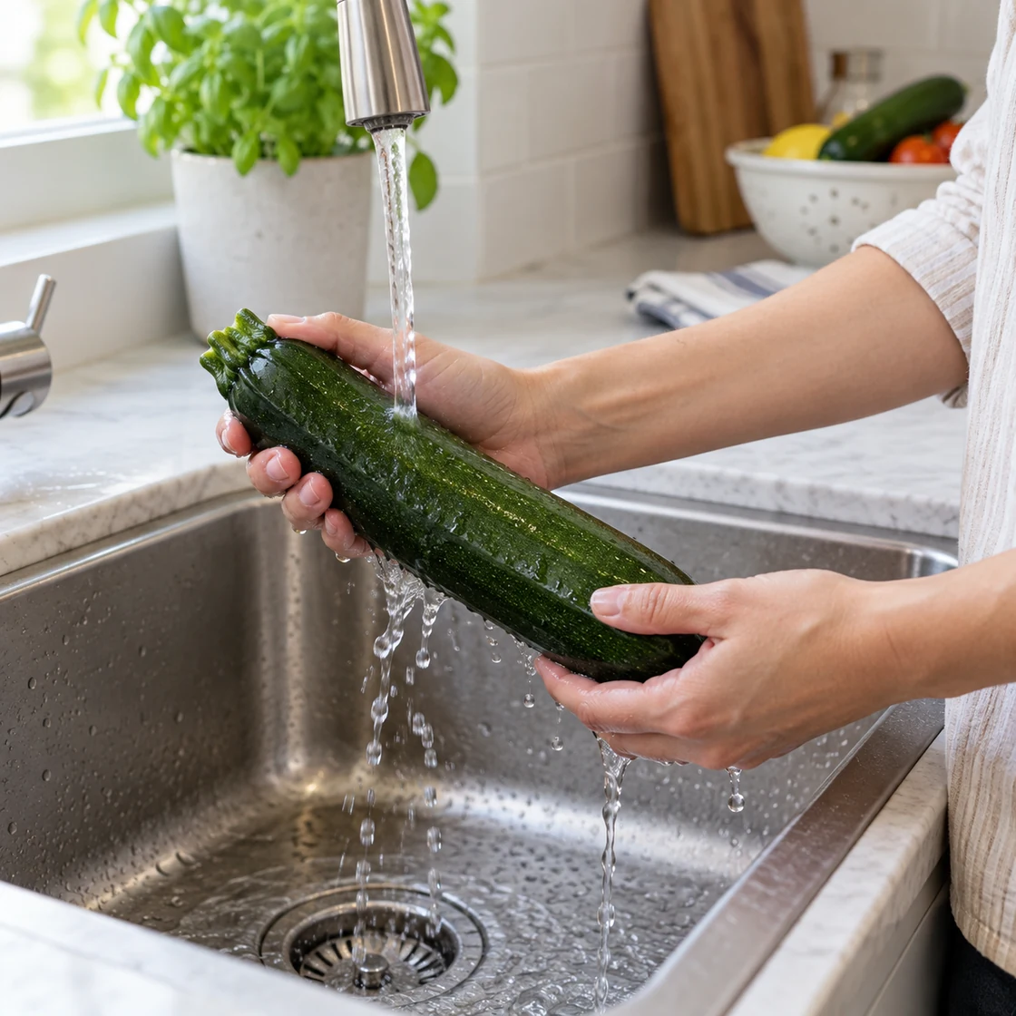 zucchini gesund: ganze Frucht wird unter fließendem Wasser gewaschen