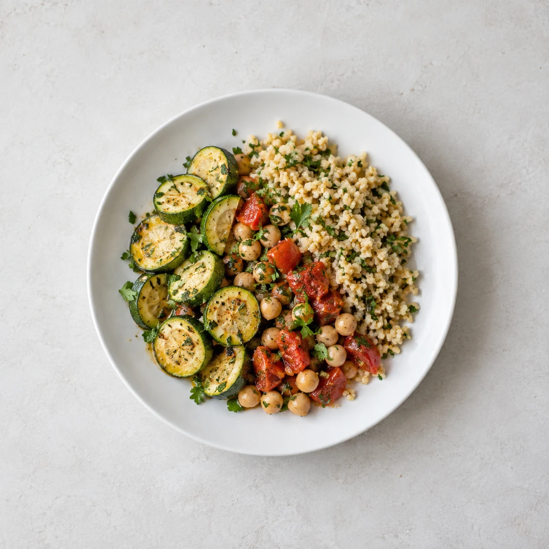 zucchini gesund: vollständig sichtbarer Teller mit Zucchini, Kichererbsen und Bulgur
