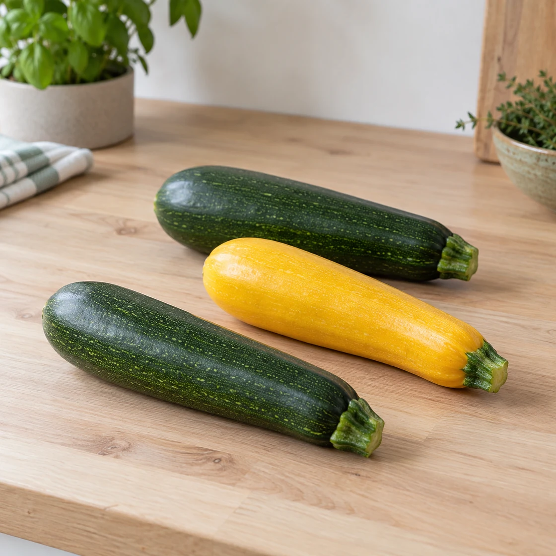 zucchini gesund: drei vollständig sichtbare grüne und gelbe Früchte