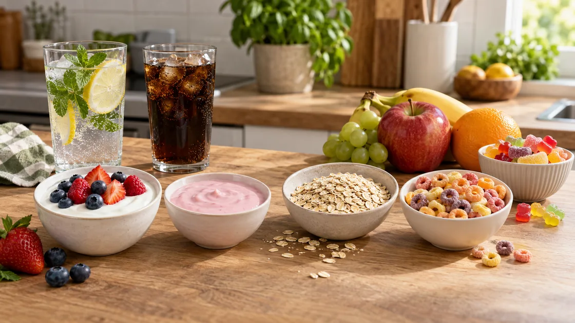 zuckerverzicht – Wasser, Naturjoghurt, Hafer und Obst im Vergleich zu süßen Alternativen