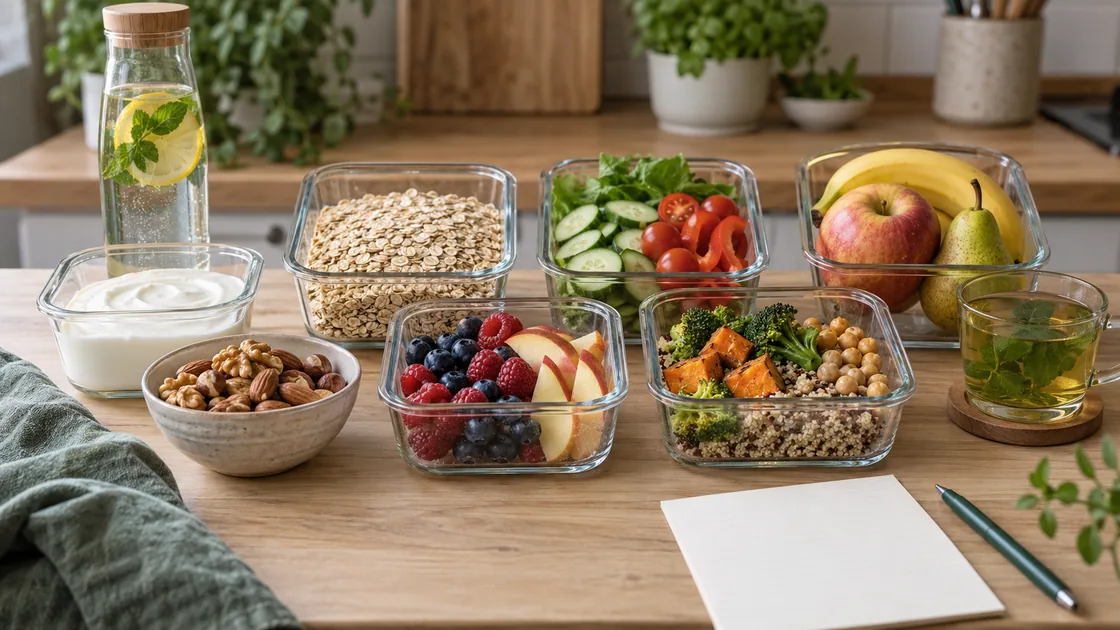 zuckerverzicht – vorbereitete Mahlzeiten, Obst, Wasser und ungesüßter Tee für sieben Tage