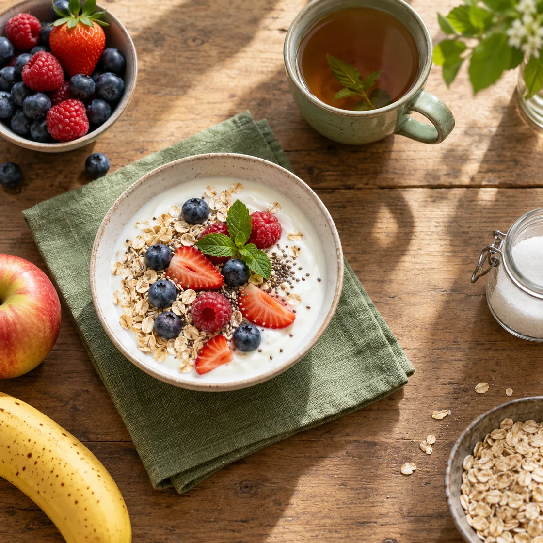 zuckerverzicht – Frühstück mit Naturjoghurt, Hafer, Beeren, Obst und ungesüßtem Tee