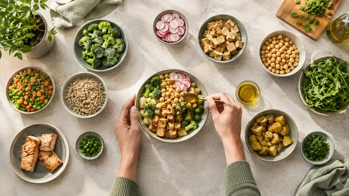 Zum Abnehmen – Gemüse, Kichererbsen, Tofu, Kartoffeln und Vollkorn werden zu einer Mahlzeit kombiniert.