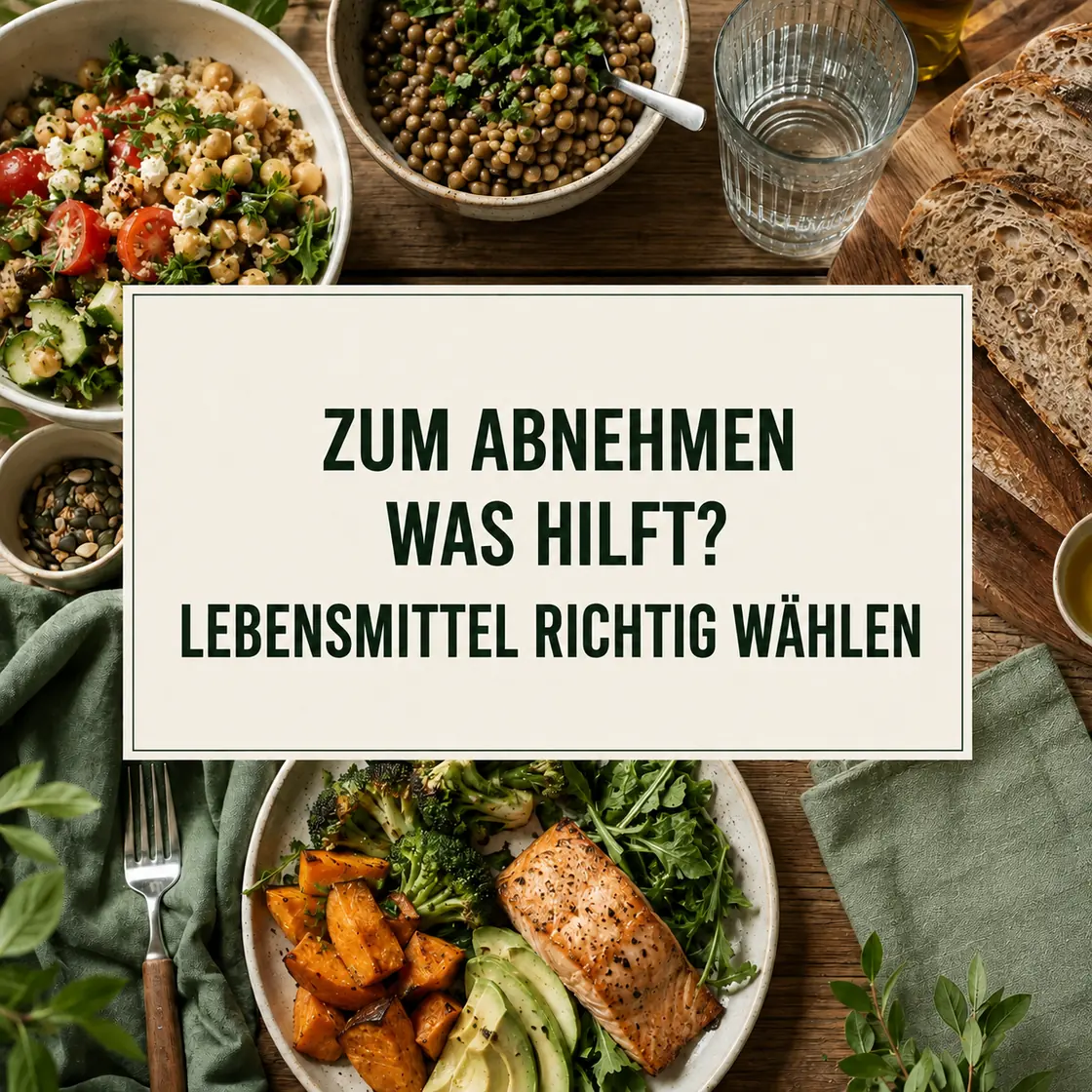 Zum Abnehmen – ausgewogene Lebensmittel und Wasser rund um den Hinweis Lebensmittel richtig wählen.