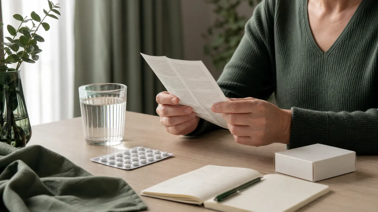 Pillen zum Abnehmen die wirklich helfen – Prüfung einer Packungsbeilage neben einem Glas Wasser und einem Notizbuch