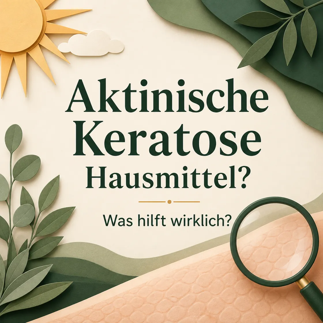 Aktinische Keratose Hausmittel – Zentrierte Frage nach hilfreichen Maßnahmen mit einer stilisierten Hautillustration und einer Lupe.