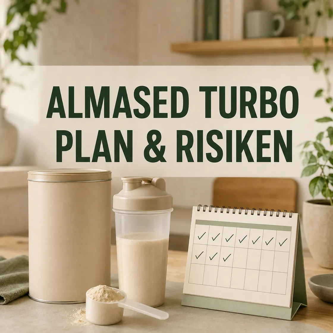 Almased Turbo – neutraler Shake, Pulverdose und Zwei-Wochen-Kalender beim Plan- und Risikocheck.