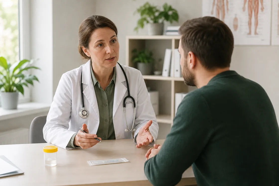 Blasenentzündung Hausmittel Backpulver – ärztliches Gespräch mit verschlossenem Urinbecher und Teststreifen.