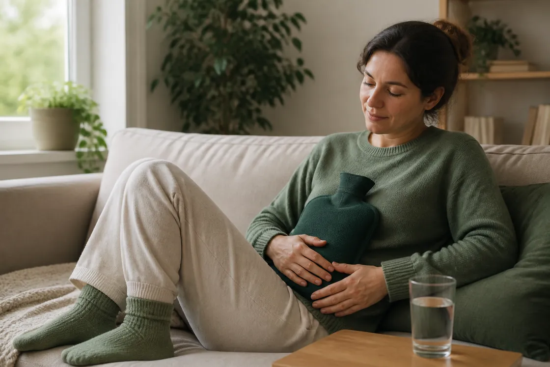 Blasenentzündung Hausmittel Backpulver – vollständig bekleidete Person mit Wärmflasche und einem Glas Wasser.