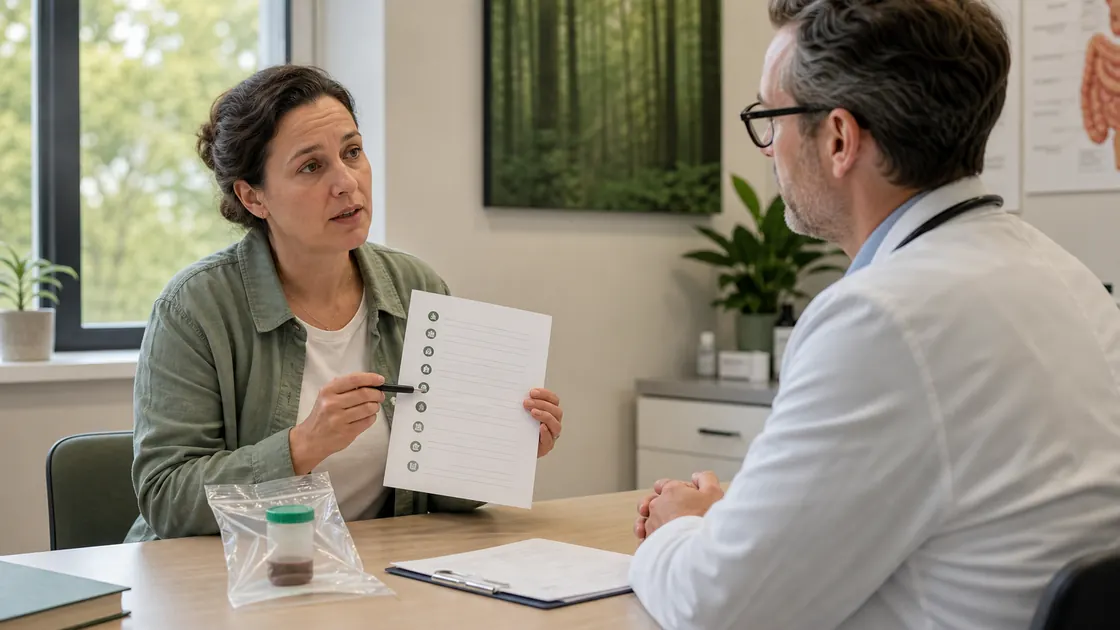 Hausmittel gegen Clostridien – Patientin bespricht Antibiotika und eine Stuhlprobe in der Arztpraxis.