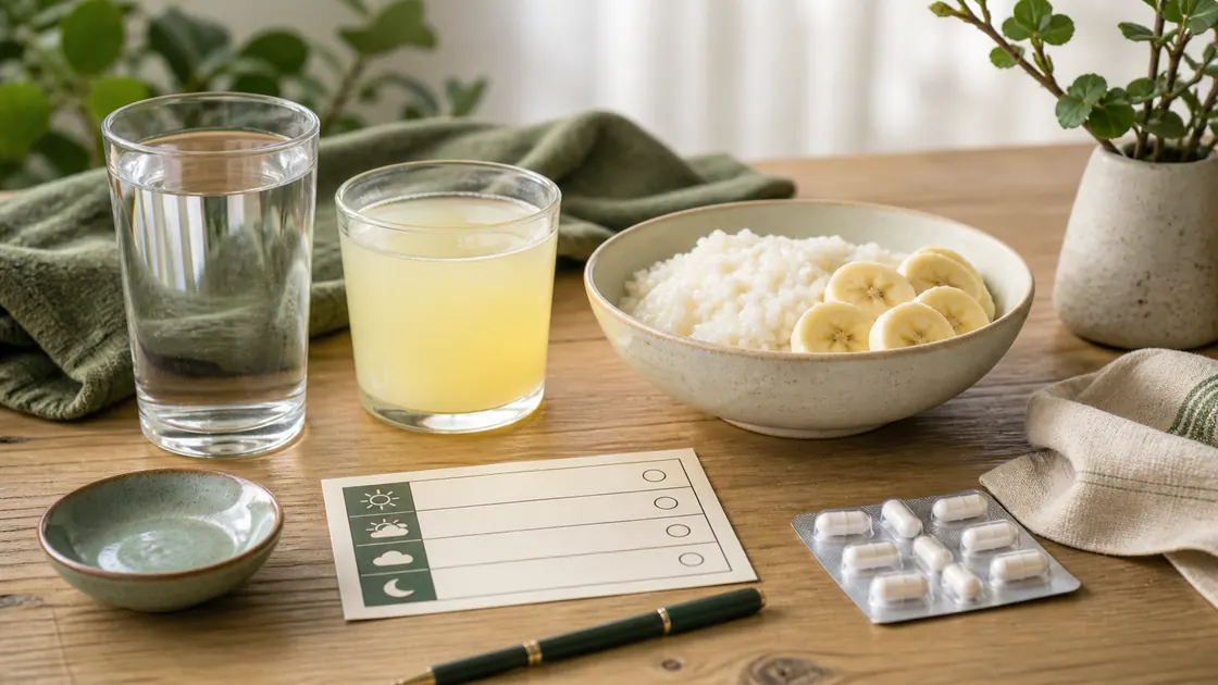 Hausmittel gegen Clostridien – Wasser, Elektrolytlösung und mildes Essen zur unterstützenden Versorgung.