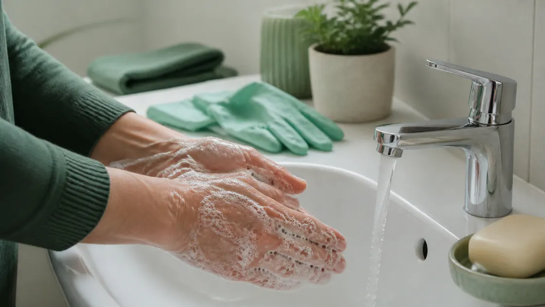 Hausmittel gegen Clostridien – gründliches Händewaschen mit Wasser und Seife im Badezimmer.