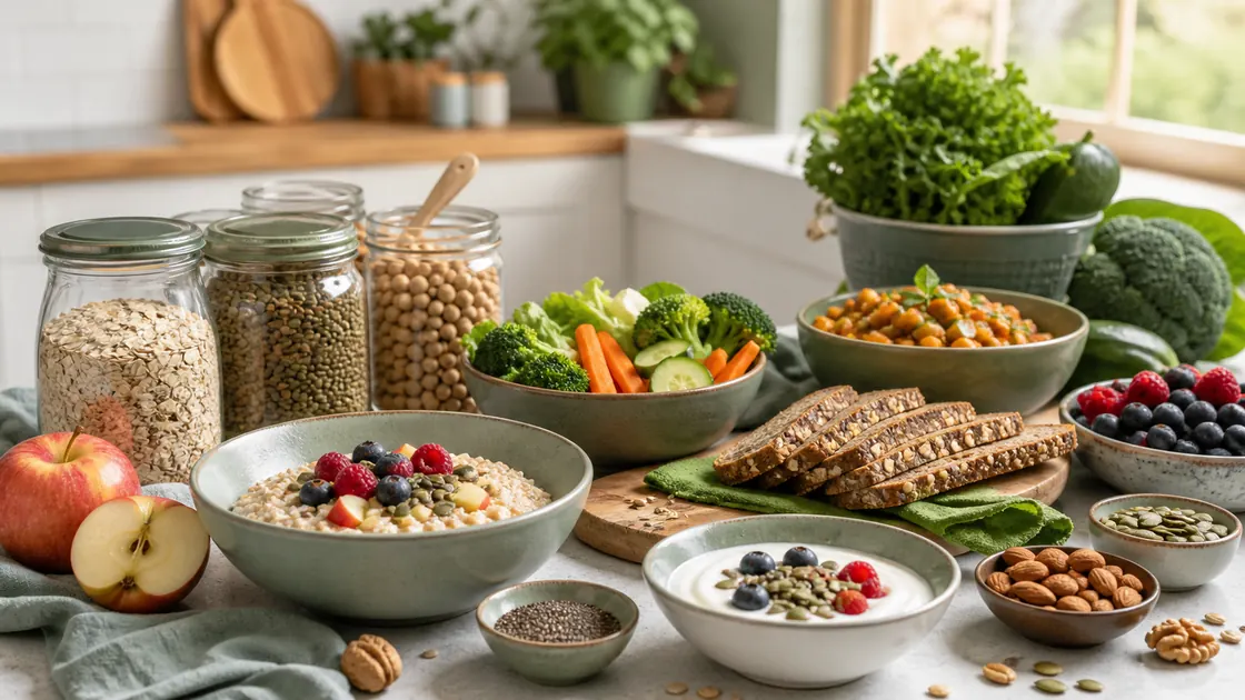 Darmbakterien abnehmen – Hafer, Hülsenfrüchte, Vollkorn, Gemüse, Beeren, Joghurt, Nüsse und Samen in einer hellen Küche.