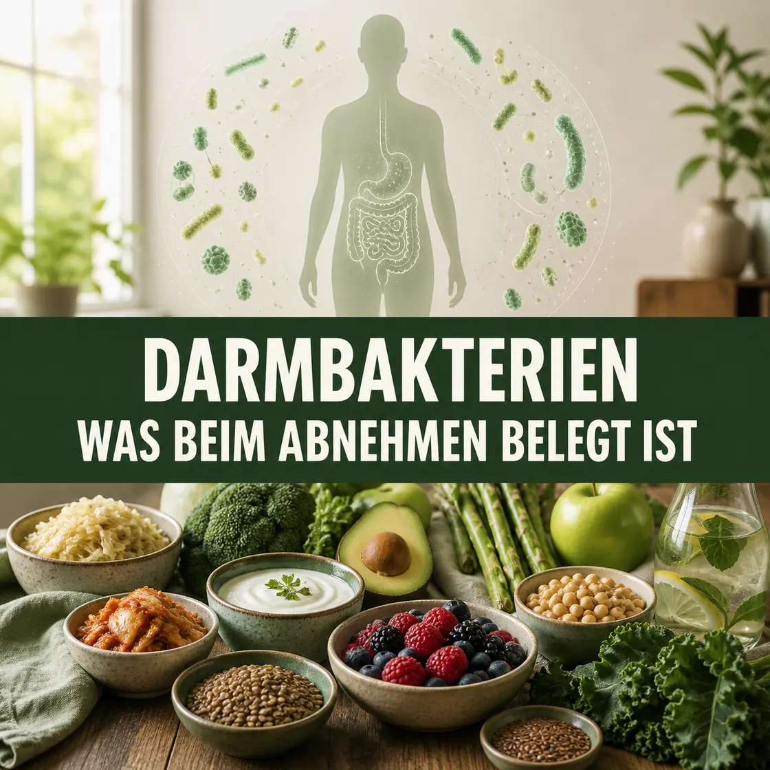 Darmbakterien abnehmen – Mikrobiomdarstellung und ballaststoffreiche Lebensmittel mit dem Hinweis, was beim Abnehmen belegt ist.
