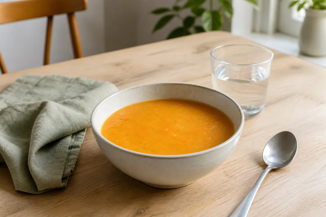 Divertikulitis Hausmittel – Kleine Portion Kartoffel-Möhren-Suppe und ein Glas Wasser als mögliche leichte Mahlzeit.
