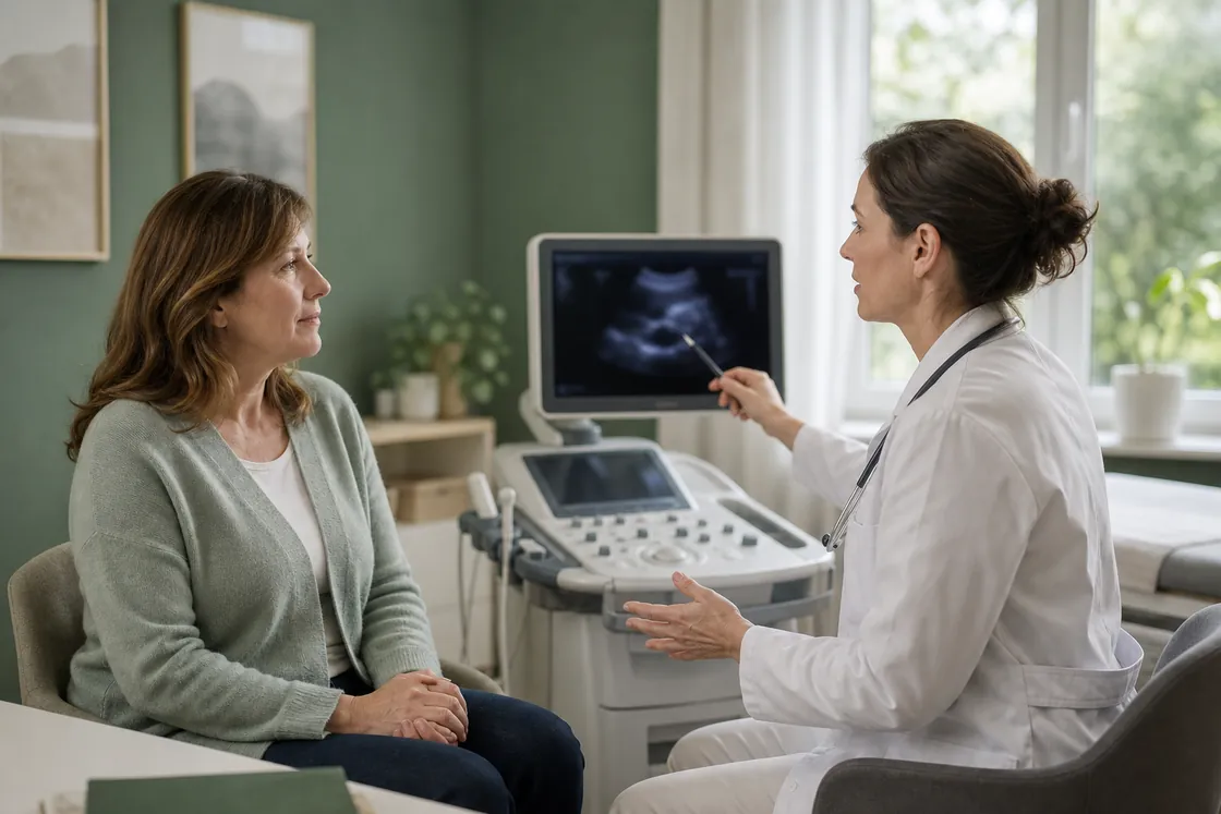 Divertikulitis Hausmittel – Ärztliches Gespräch mit einer Patientin neben einem Ultraschallgerät ohne diagnostischen Einzelbefund.
