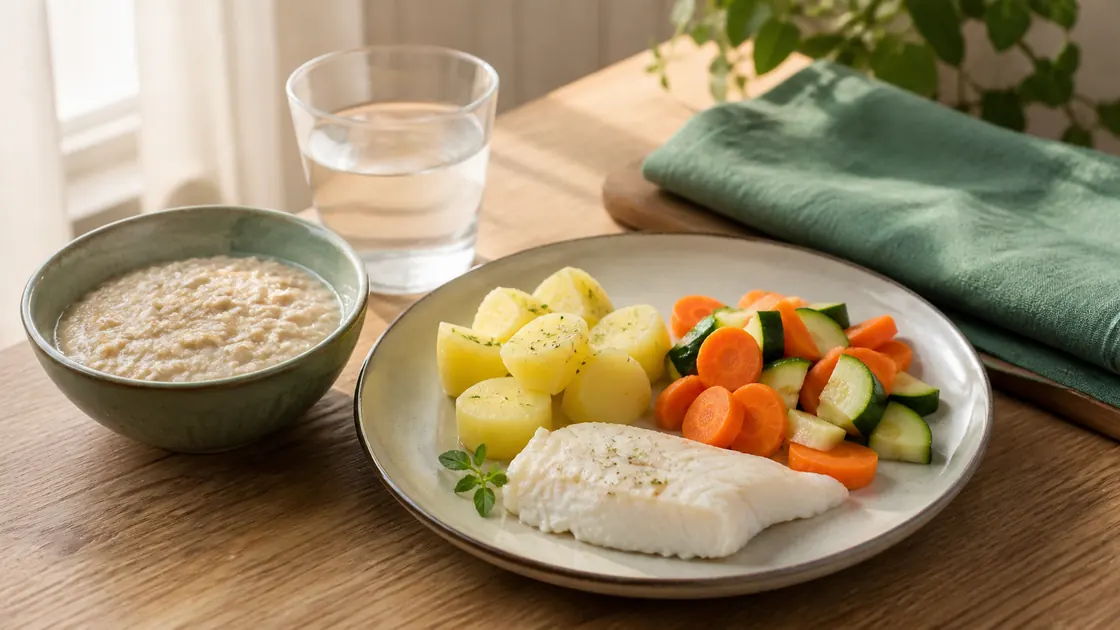 Gallenblasenentzündung Hausmittel – kleine fettarme Mahlzeit mit Kartoffeln, Gemüse, Fisch, Haferbrei und Wasser.