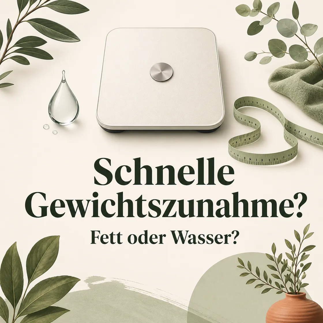 Schnelle Gewichtszunahme in kurzer Zeit – Waage, Wassertropfen und Maßband mit der Frage nach Fett oder Wasser.