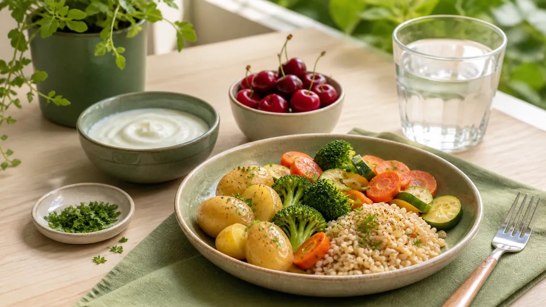 Gicht Hausmittel Apfelessig – pflanzenbetonte Mahlzeit mit Gemüse, Kartoffeln, Vollkorn, Joghurt, Kirschen und Wasser.