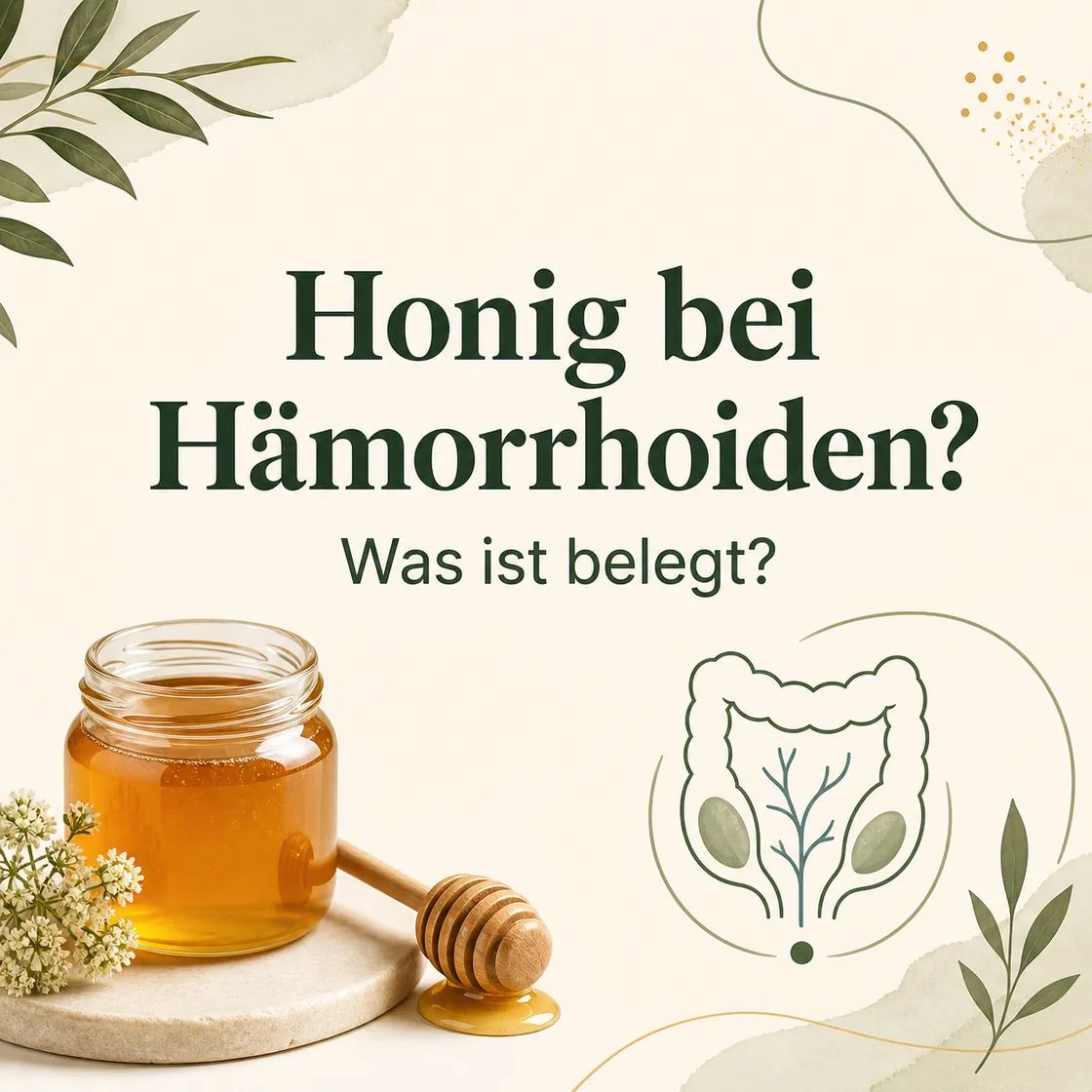 Hämorrhoiden Hausmittel Honig – Honigglas und abstrahierte Darmform zur Frage, was wissenschaftlich belegt ist.