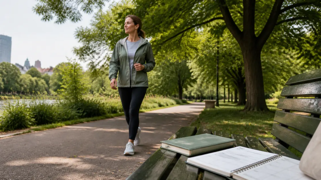 Immunsystem schnell stärken – Frau geht zügig im Park, während Wochenplan und Impfpass zur Vorsorge bereitliegen.