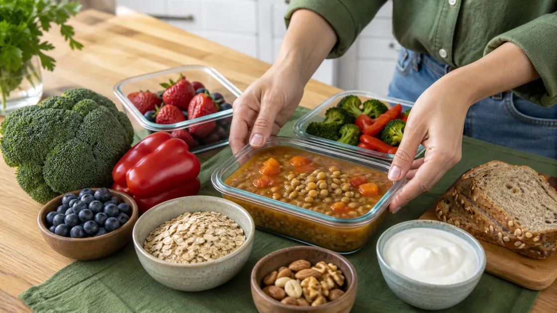 Immunsystem schnell stärken – vorbereitete Linsensuppe, Gemüse, Beeren, Hafer, Vollkornbrot, Joghurt und Nüsse.