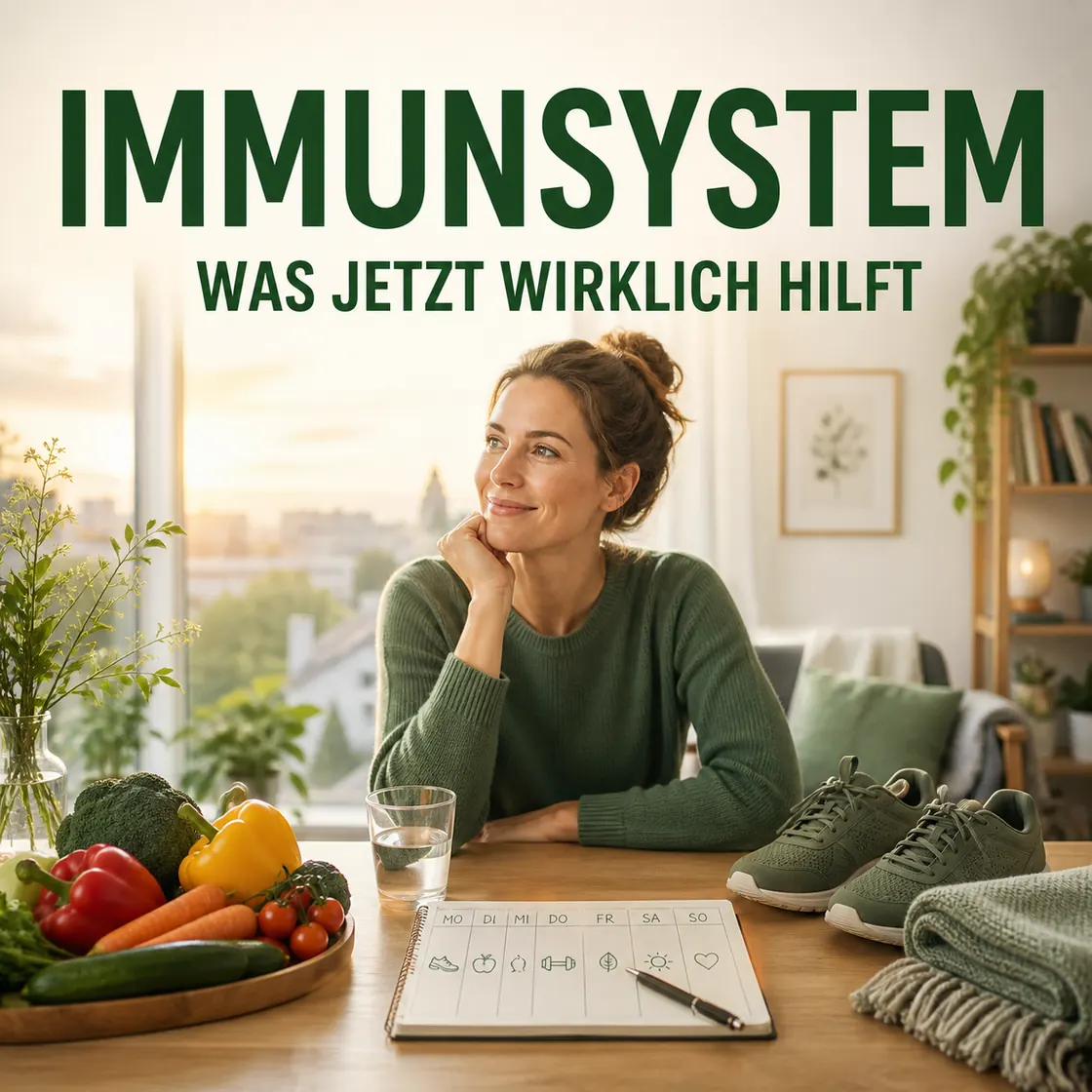 Immunsystem schnell stärken – Frau plant Schlaf, ausgewogene Mahlzeiten, Bewegung und Erholung am hellen Küchentisch.