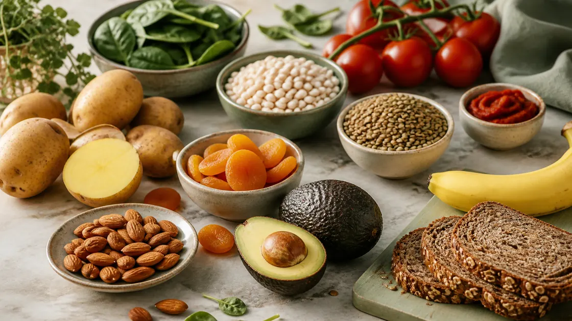 Kaliummangel Übergewicht – Kartoffeln, Hülsenfrüchte, Gemüse, Obst und Nüsse als Kaliumquellen.