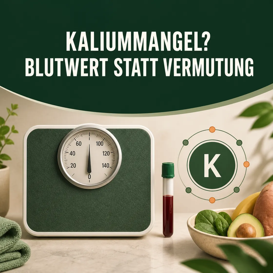 Kaliummangel Übergewicht – Waage, Blutprobe und Kaliumsymbol zur medizinischen Einordnung.