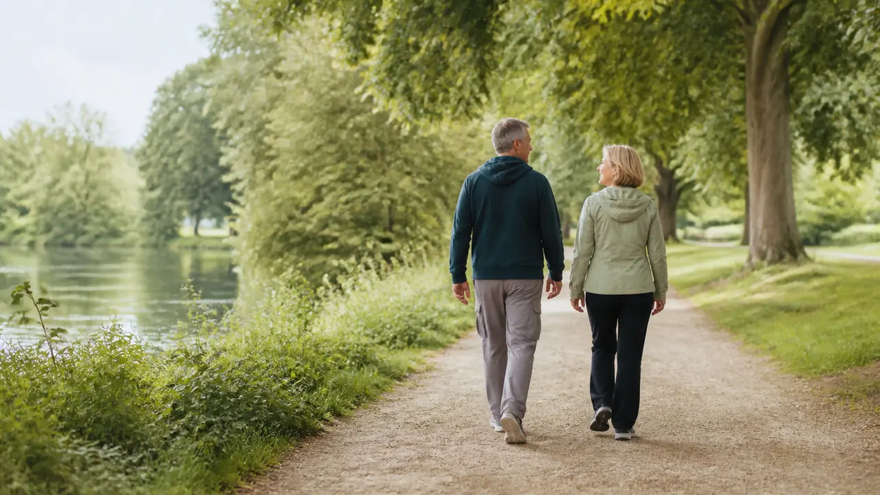 Zwei Erwachsene beim Spaziergang im Park zum Artikel „Leber entgiften in 3 Tagen“.