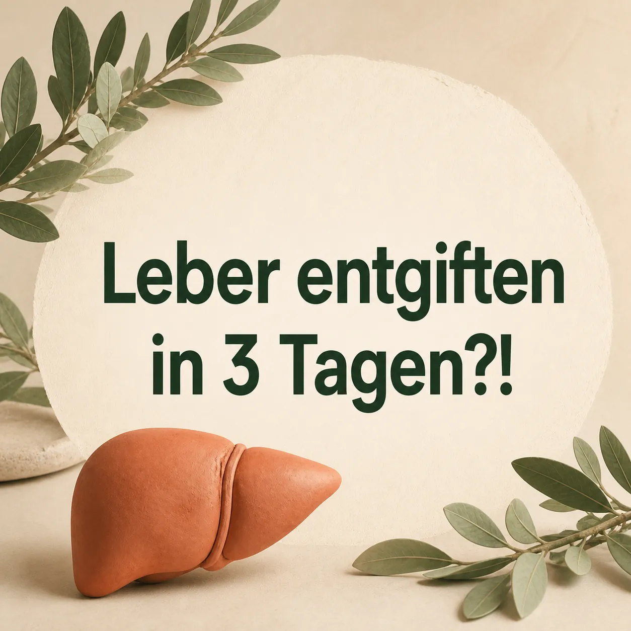 Leber entgiften in 3 Tagen?! – Zentrierte Überschrift mit einer Leberillustration und grünen Blättern