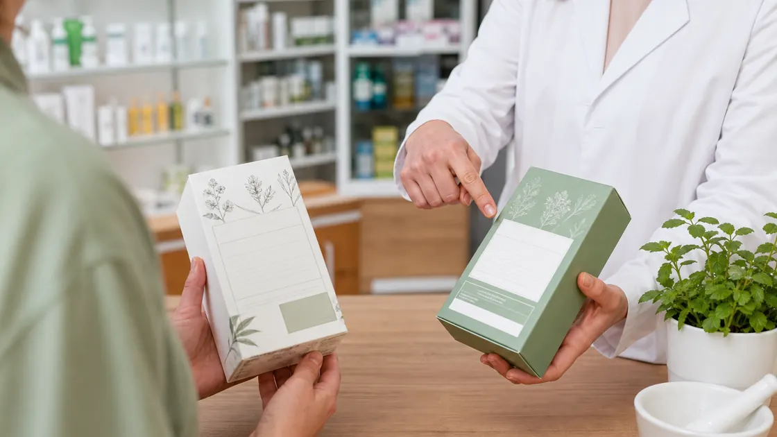 Leber entgiften Tee – zwei neutrale Teepackungen werden in der Apotheke anhand ihrer Angaben verglichen.