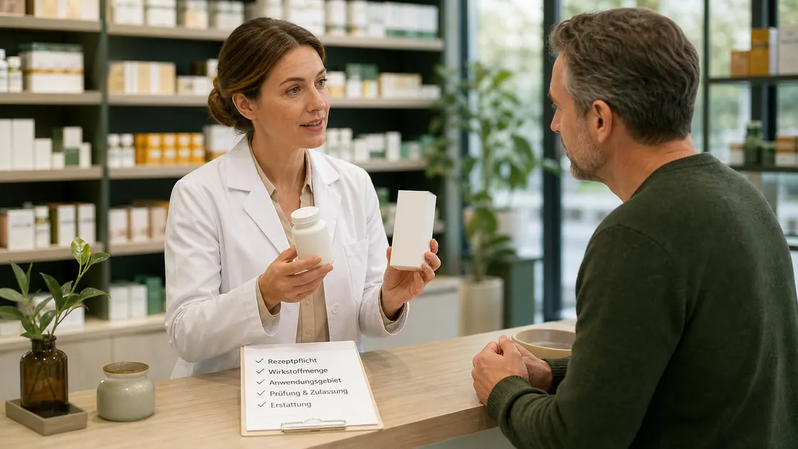 Mittel zum Abnehmen die wirklich helfen – Beratung in einer Apotheke zu neutralen Packungen und Produktkategorien.