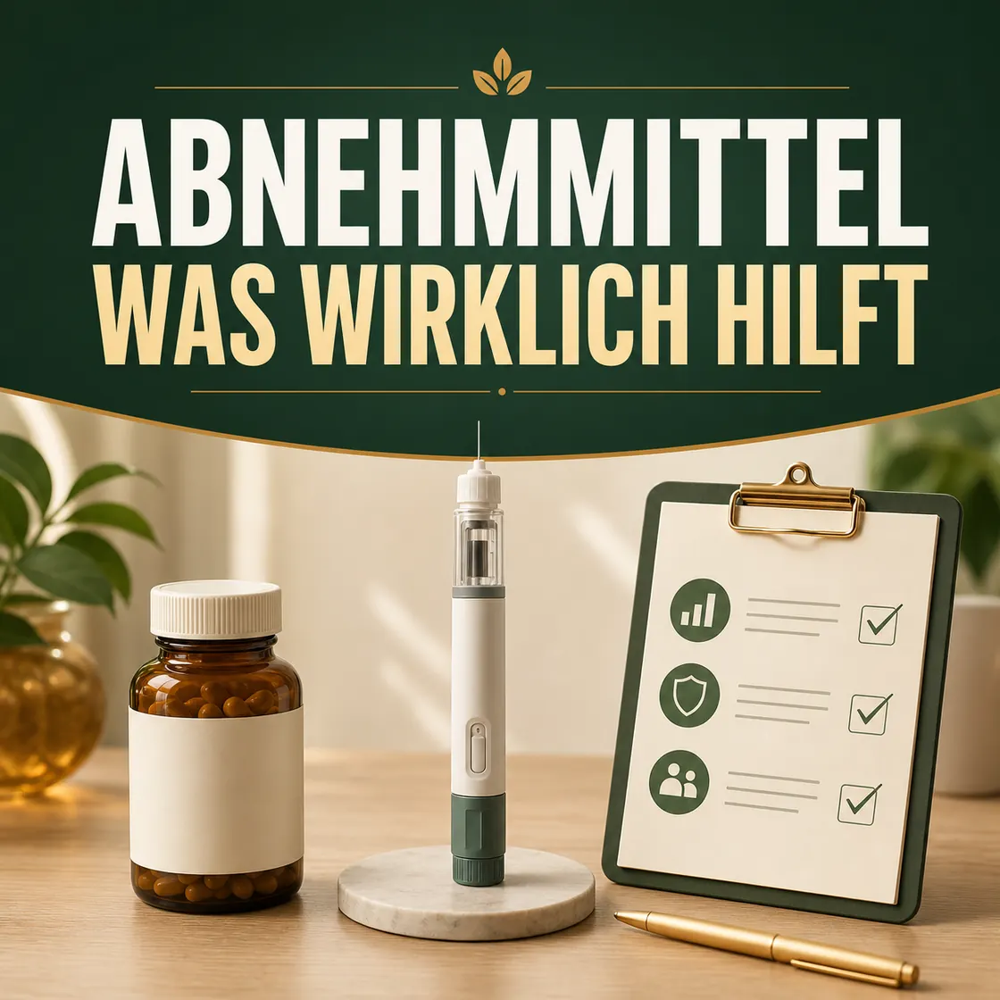 Mittel zum Abnehmen die wirklich helfen – neutrale Kapseln, Injektionspen und Prüfliste unter dem Hinweis, was wirklich hilft.