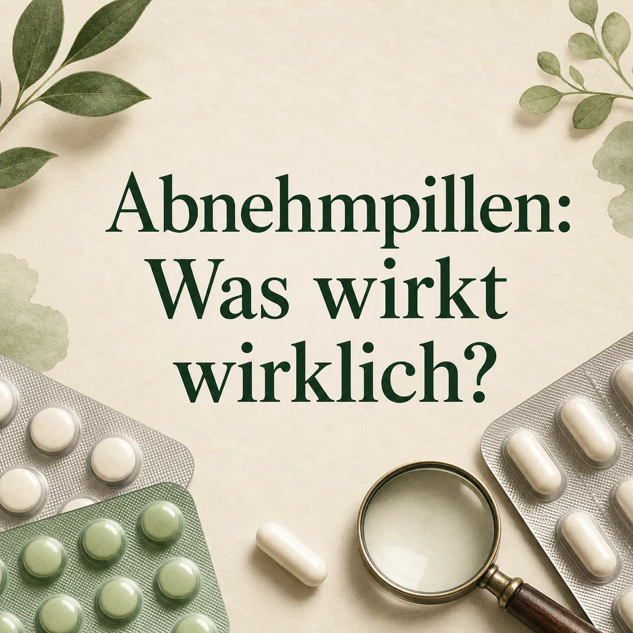 Pillen zum Abnehmen die wirklich helfen – Zentrierte Frage nach der Wirkung von Abnehmpillen mit neutralen Tablettenblistern und einer Lupe
