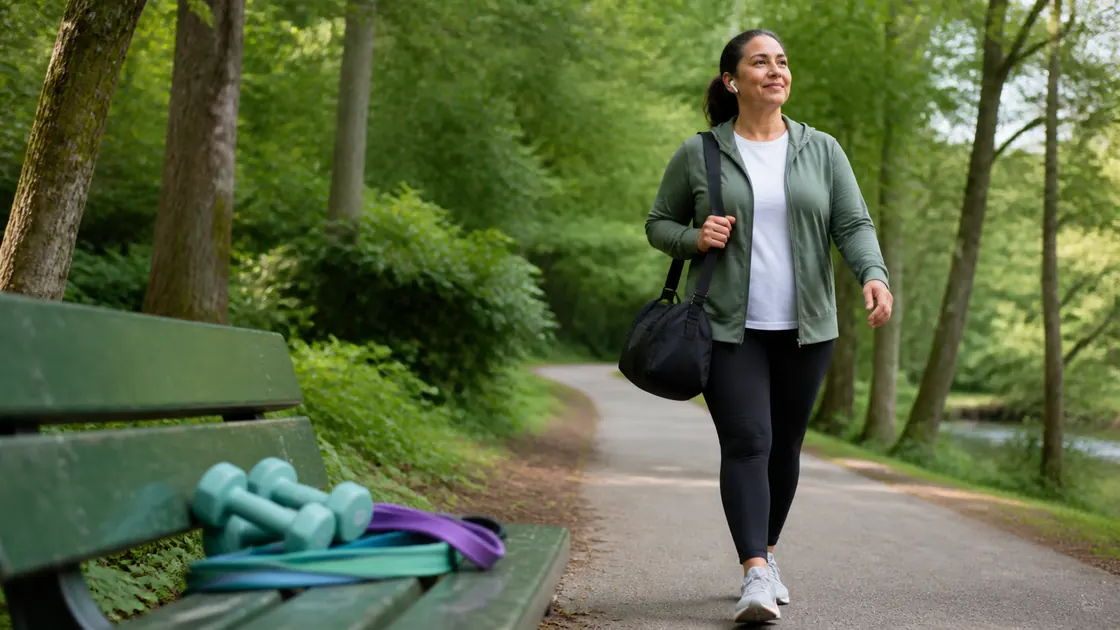 Richtig abnehmen – Frau geht zügig im Park, während Trainingsband und Hanteln für Kraftübungen bereitliegen.